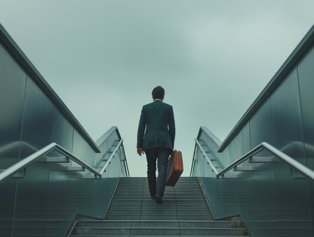 A man in a suit climbs a modern outdoor staircase, holding a brown briefcase, under a cloudy skyの素材