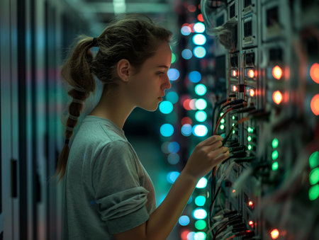 A young woman with a braided ponytail works intently on a server rack, surrounded by colorful LED lightsの素材