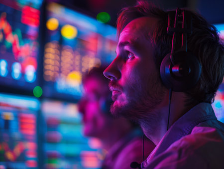 A man wearing headphones intensely focuses on multiple colorful data screens, illuminated by vibrant neon lightsの素材