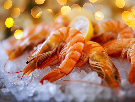 Close-up of fresh, orange shrimp on ice with a lemon slice, set against a bokeh background of warm lightsの素材