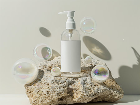 A clear pump bottle with a white label sits on a textured rock, surrounded by iridescent floating bubblesの素材