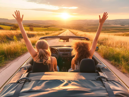 Two friends raise their hands in joy while driving a convertible down a scenic road at sunsetの素材