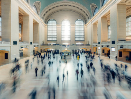 A bustling scene inside Grand Central Terminal with blurred figures moving through the spacious hall, under large arched windows and high ceilingsの素材