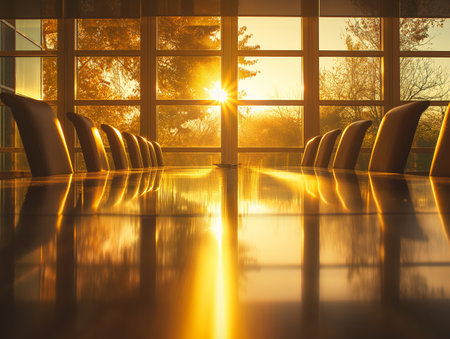 A conference room with a long table and empty chairs, bathed in warm sunlight from large windowsの素材