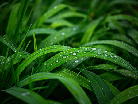 Close-up of vibrant green grass blades covered in glistening dew droplets, creating a fresh and serene atmosphereの素材