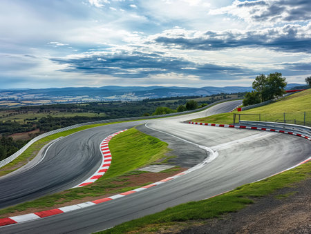 A winding racetrack with red and white curbs, surrounded by lush green hills and a vast landscape under a cloudy skyの素材