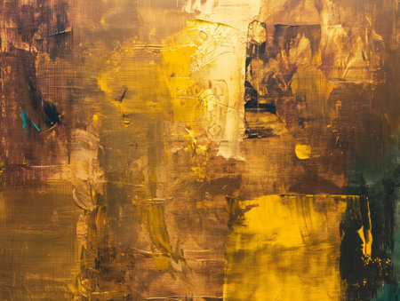 A vibrant abstract painting featuring a blend of earthy browns, yellows, and hints of green and blue, with textured brushstrokesの素材