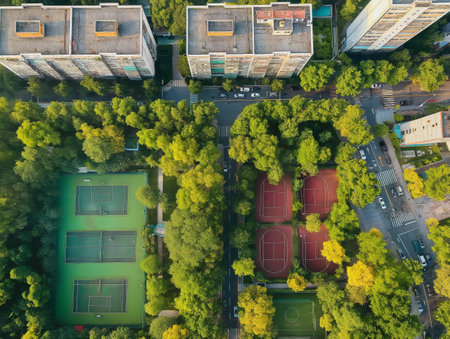 Aerial view of a cityscape featuring tennis courts, basketball courts, and residential buildings, all surrounded by lush green treesの素材