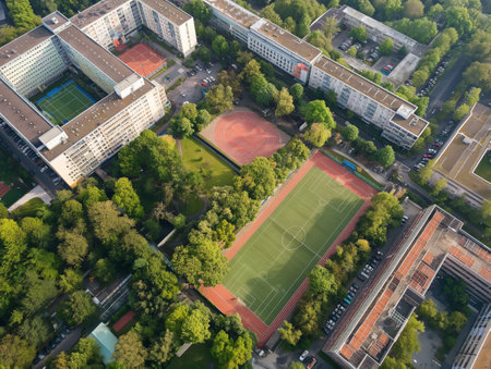 Aerial view of a city block featuring multiple sports fields, surrounded by residential buildings and lush greeneryの素材