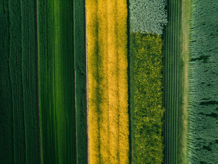 Aerial view of vibrant, parallel agricultural fields in shades of green and yellow, showcasing crop diversityの素材