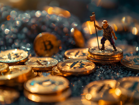 A miniature figure holding a flag stands atop a stack of golden Bitcoin coins, surrounded by more coins.の素材