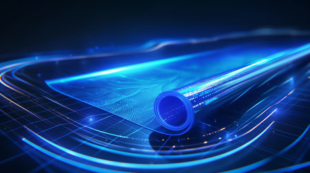 A glowing, rolled-up digital screen emits a blue light, set against a dark, high-tech background with circuit-like patterns.の素材