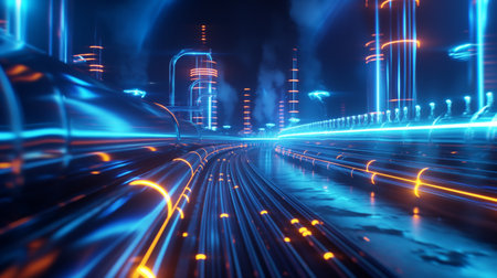 A vibrant, futuristic cityscape with glowing neon blue and orange lights, featuring sleek, metallic structures and pipelines.の素材