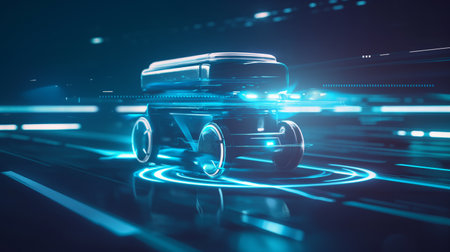 A sleek, futuristic autonomous vehicle glows with neon blue lights, moving swiftly through a high-tech environment.の素材