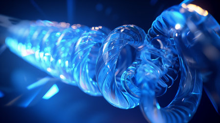 A close-up of a twisting, translucent blue structure with intricate details, illuminated by vibrant blue light.の素材