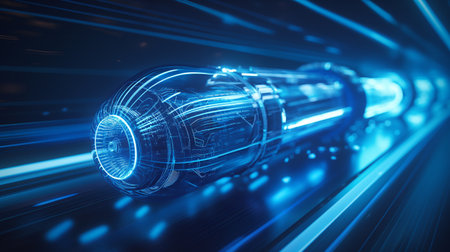 A glowing, high-tech transport tube with intricate blue circuitry zooms through a tunnel, symbolizing advanced technology and speed.の素材