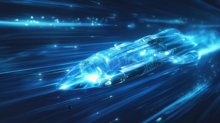 A glowing, blue, high-speed train with digital lines zooms through a futuristic, illuminated tunnel.の素材