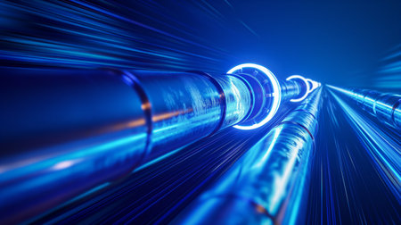 A dynamic image of glowing blue tubes with light trails, suggesting high-speed energy or data transfer.の素材