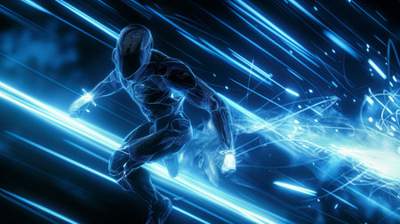 A sleek, futuristic figure in a dynamic pose, surrounded by vibrant blue light trails, suggesting speed and energy.の素材