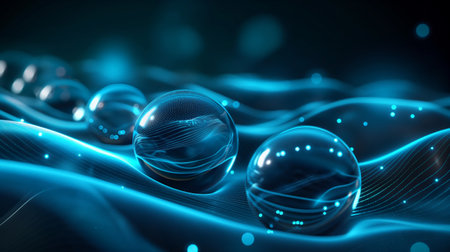 Transparent spheres with glowing patterns rest on a wavy, illuminated surface, creating a futuristic and ethereal scene.の素材