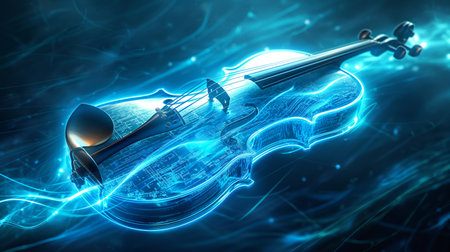 A glowing violin with digital circuitry patterns floats in a vibrant, futuristic blue space, surrounded by dynamic light trails.の素材