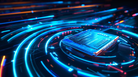 A glowing circuit board surrounded by vibrant neon light trails, creating a high-tech, futuristic atmosphere.の素材
