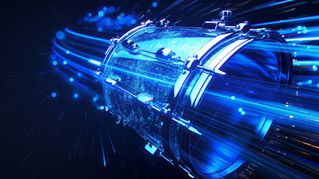 A metallic drum is surrounded by dynamic blue light trails, creating a futuristic and energetic visual effect.の素材