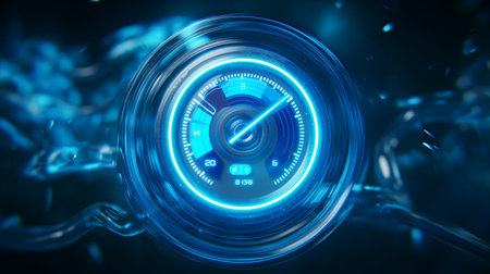 A glowing blue speedometer with intricate details and a central needle, set against a dark background with abstract shapes.の素材