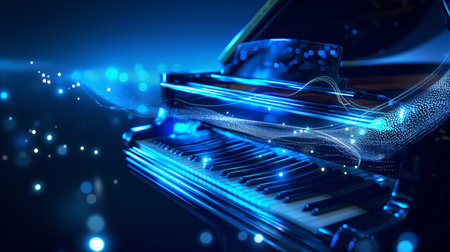 A grand piano is bathed in blue light, with ethereal light trails flowing around it, creating a magical, musical ambiance.の素材