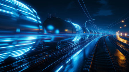 A futuristic train with glowing blue lights speeds along wet tracks at night, creating a dynamic, high-tech scene.の素材