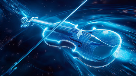A glowing neon violin with digital circuitry patterns, set against a dynamic, swirling blue background.の素材