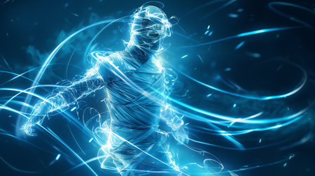 A humanoid figure wrapped in glowing blue light ribbons stands against a dark background, emitting energy.の素材