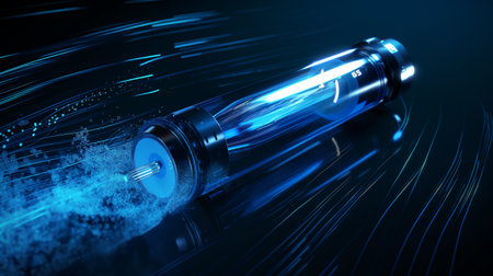 A glowing blue energy capsule with dynamic light trails, symbolizing advanced technology and speed.の素材