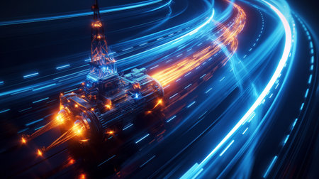A glowing, futuristic oil rig moves along a digital highway with vibrant blue and orange light trails.の素材