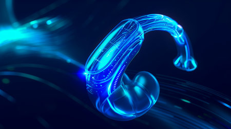 A glowing blue futuristic headset with intricate circuitry, set against a dark background with light trails.の素材