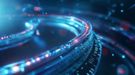 A close-up of a futuristic digital circuitry with glowing blue and red lights, creating a dynamic, high-tech atmosphere.の素材