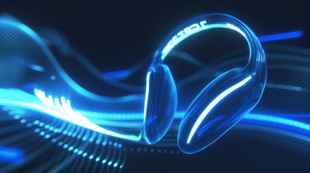 A pair of futuristic, glowing blue headphones float against a dark background with dynamic light trails.の素材