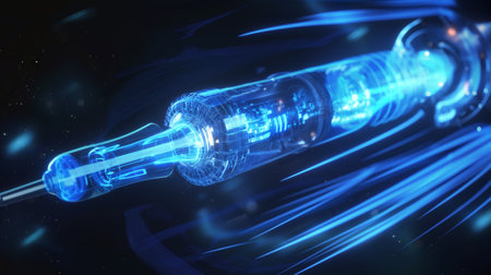 A glowing, high-tech syringe with intricate digital circuitry, set against a dark, abstract background with blue light trails.の素材