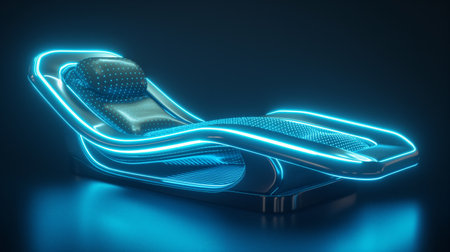 A sleek, futuristic lounge chair with glowing neon blue accents and a dotted cushion, set against a dark background.の素材