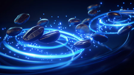 Coffee beans float amidst glowing blue light swirls and sparkles, creating a futuristic ambiance.の素材