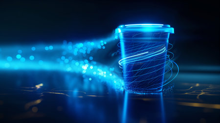 A glowing cup emits vibrant blue light trails, creating a dynamic and futuristic visual effect against a dark background.の素材