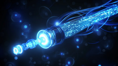 A close-up of a glowing fiber optic cable emitting blue light, with intricate details and light particles.の素材
