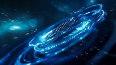 A series of glowing blue rings float in a dark, abstract space, emitting light and energy.の素材