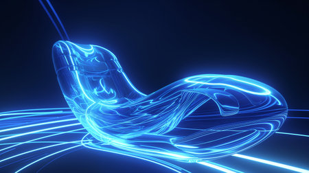 A sleek, futuristic lounge chair illuminated with vibrant blue neon lights, set against a dark background.の素材