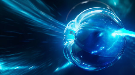 A luminous blue sphere emits light trails as it moves through a dark, abstract background, creating a dynamic and futuristic scene.の素材