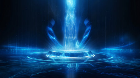 A glowing blue energy vortex emanates from a circular platform, surrounded by intricate light patterns in a dark, futuristic setting.の素材