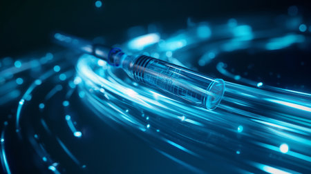 A close-up of a syringe surrounded by glowing blue light trails, creating a futuristic and high-tech atmosphere.の素材