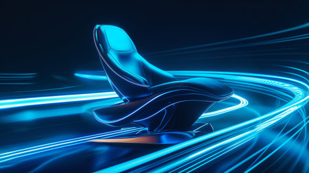 A sleek, modern chair illuminated by neon blue light trails, set against a dark background, exuding a futuristic vibe.の素材