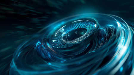 A dynamic, abstract image featuring a swirling blue vortex with intricate patterns and light trails, creating a sense of motion and depth.の素材
