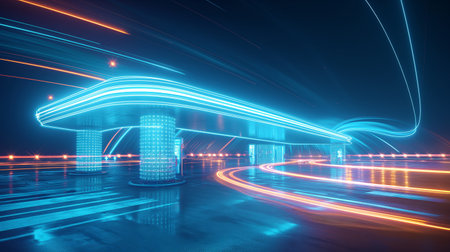 A futuristic highway with glowing neon lights and streaks of light trails, creating a dynamic, high-tech atmosphere.の素材